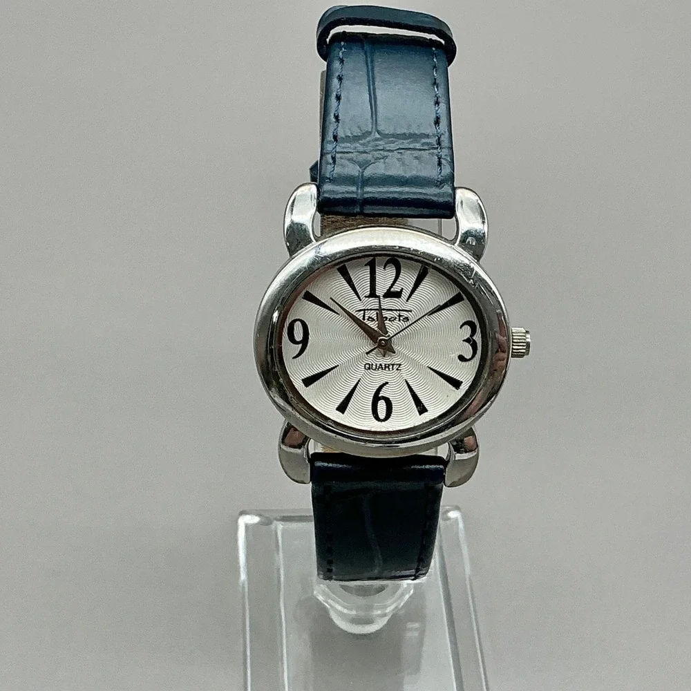 Talbots Watch Women Silver Tone Blue Leather Band Analog Quartz NEW BATTERY